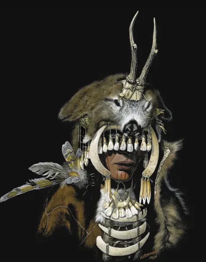 A dark-toned portrait of a person wearing elaborate Indigenous ceremonial regalia, including a fur headdress with antlers…