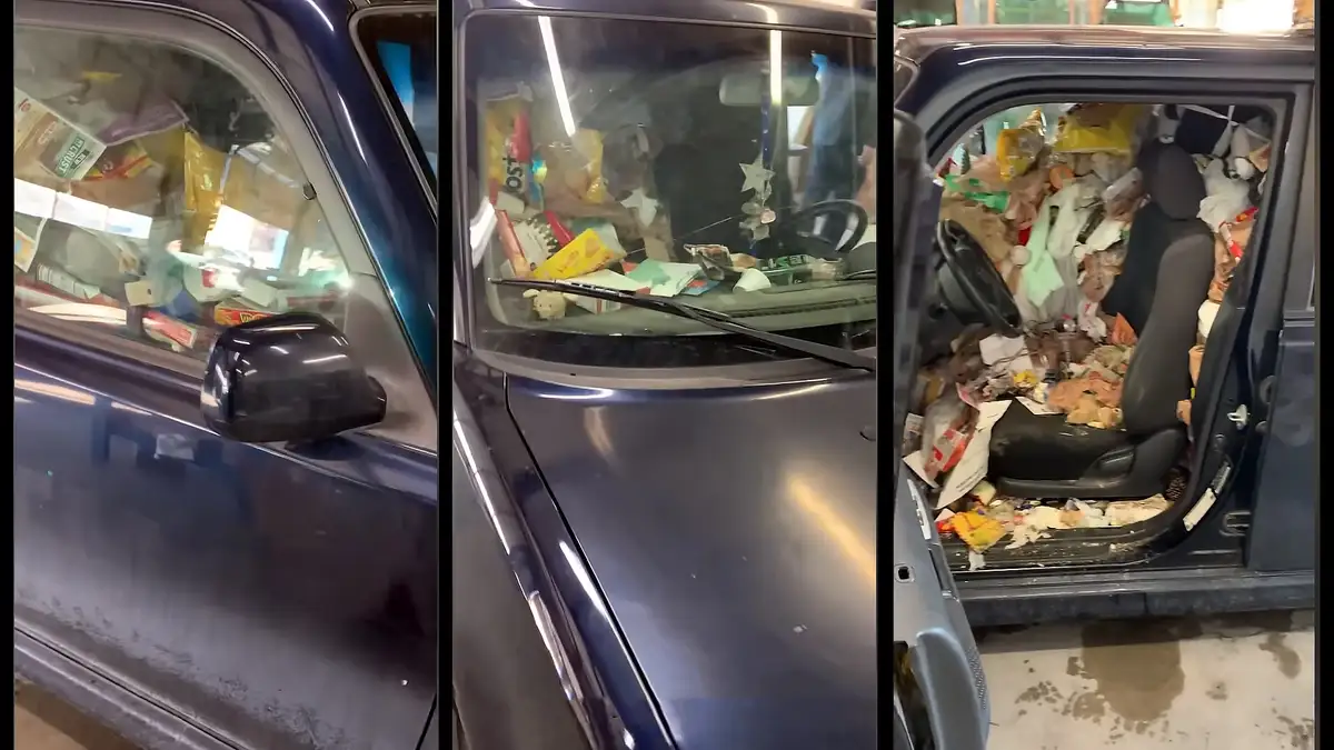 Three panels show the interior of a dark blue car, progressively revealing its extreme clutter. The first panel shows the…