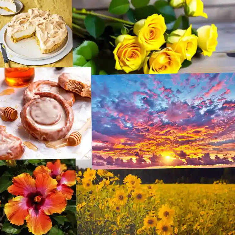 A collage of six images featuring a meringue-topped cheesecake, yellow roses, honey-glazed cinnamon rolls, a vibrant sunset…