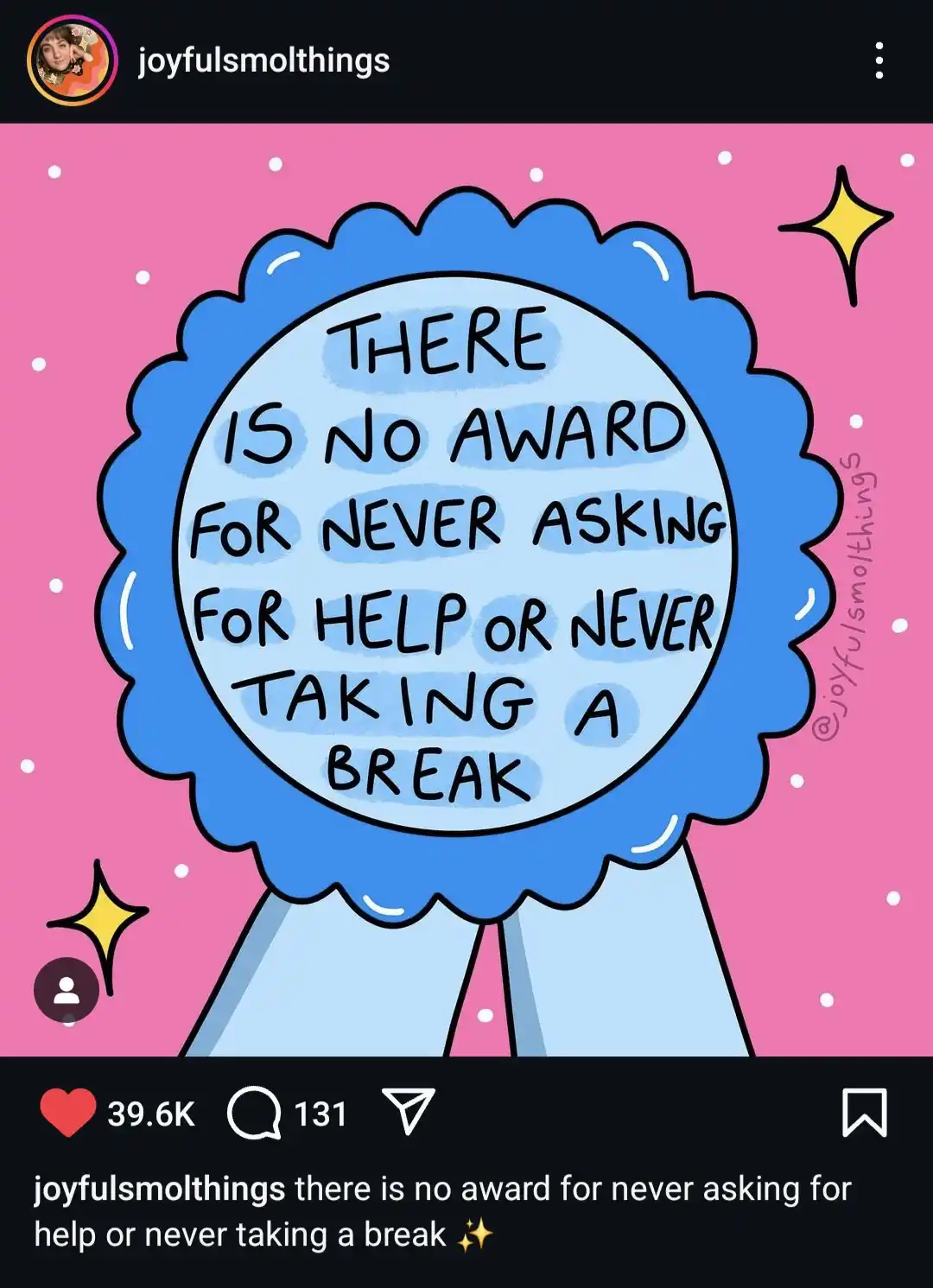 A cartoon-style blue award ribbon with black handwritten text on a pink background with white dots and yellow sparkles. The…
