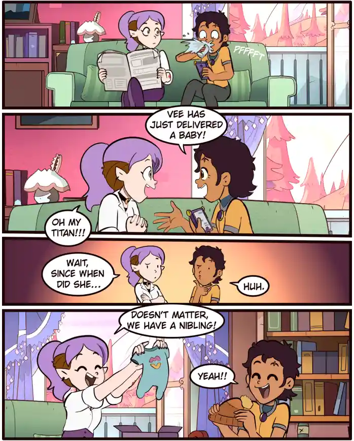 A four-panel comic strip from 'The Owl House' shows two characters reacting to news of a baby. The first panel shows one…
