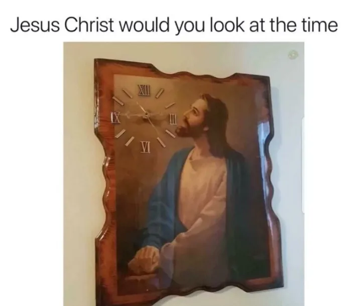 A framed painting of Jesus Christ with a clock face superimposed over his upper body, showing Roman numerals and hands…
