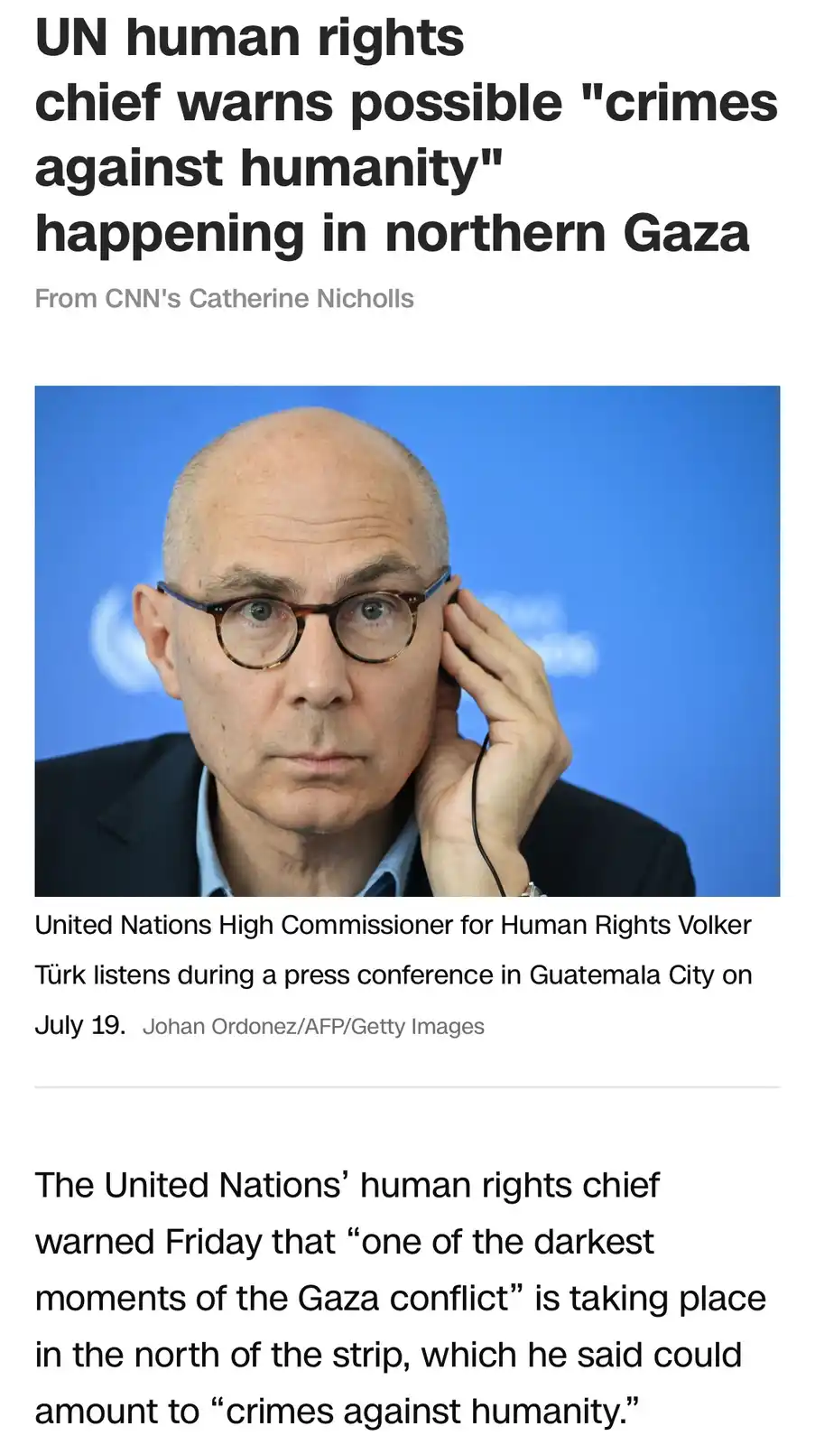 A news article screenshot shows UN High Commissioner for Human Rights Volker Türk listening intently at a press conference…