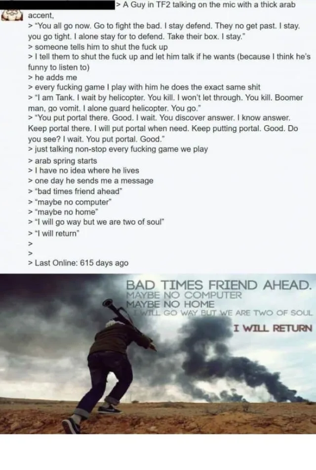 A screenshot of a Reddit post detailing a gamer's friend with a thick Arab accent who plays TF2, repeatedly saying 'I am…