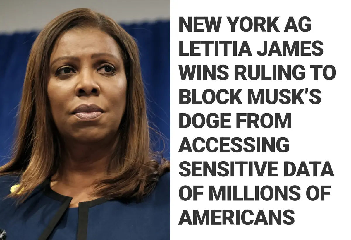 A photo of Letitia James, New York's Attorney General, with a serious expression, is paired with bold text claiming she won…