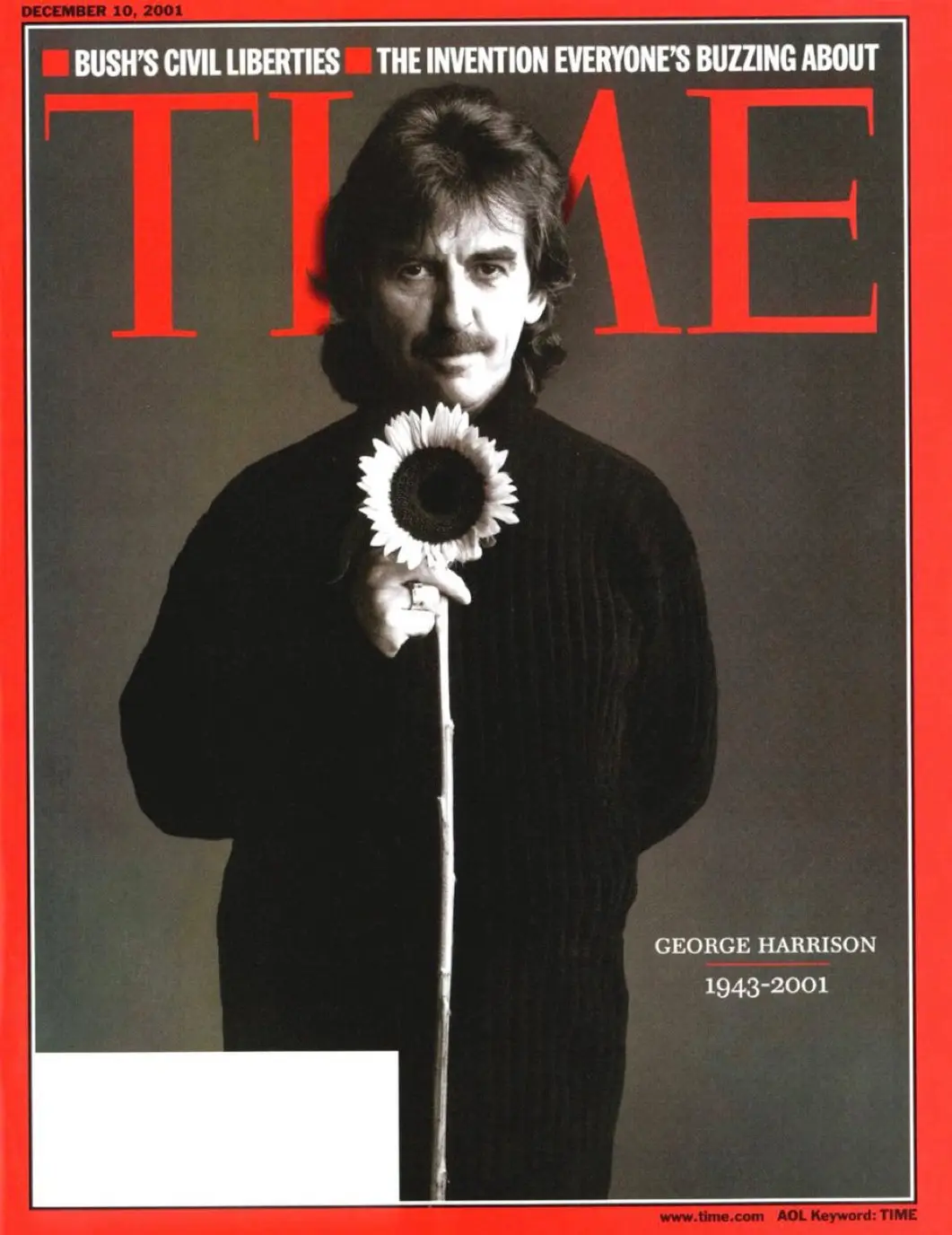A black-and-white TIME magazine cover from December 10, 2001, featuring George Harrison holding a sunflower, with the…