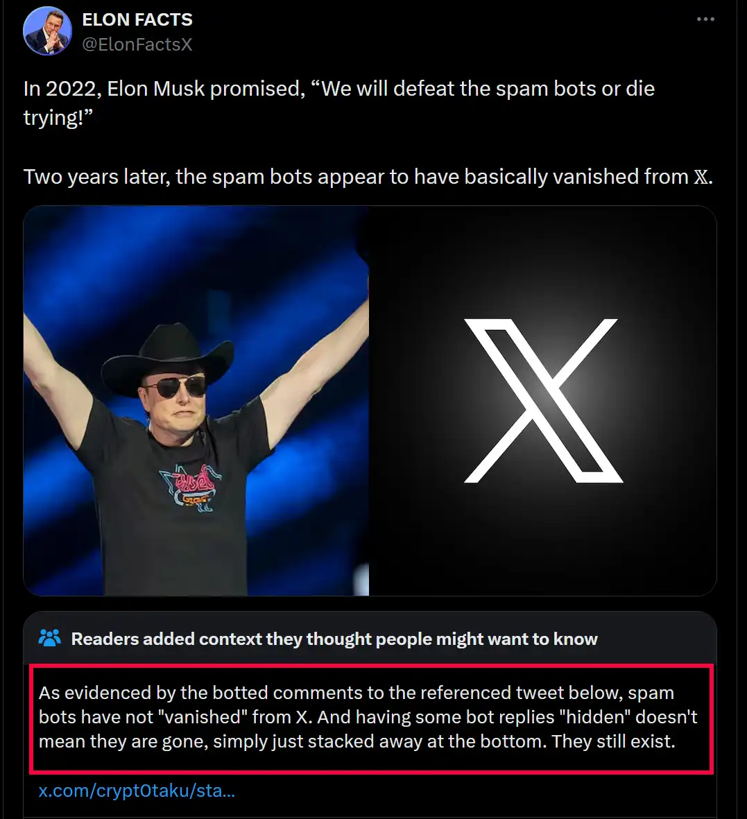The image shows a split-screen: on the left, Elon Musk wearing a cowboy hat and sunglasses with arms raised in triumph, and…