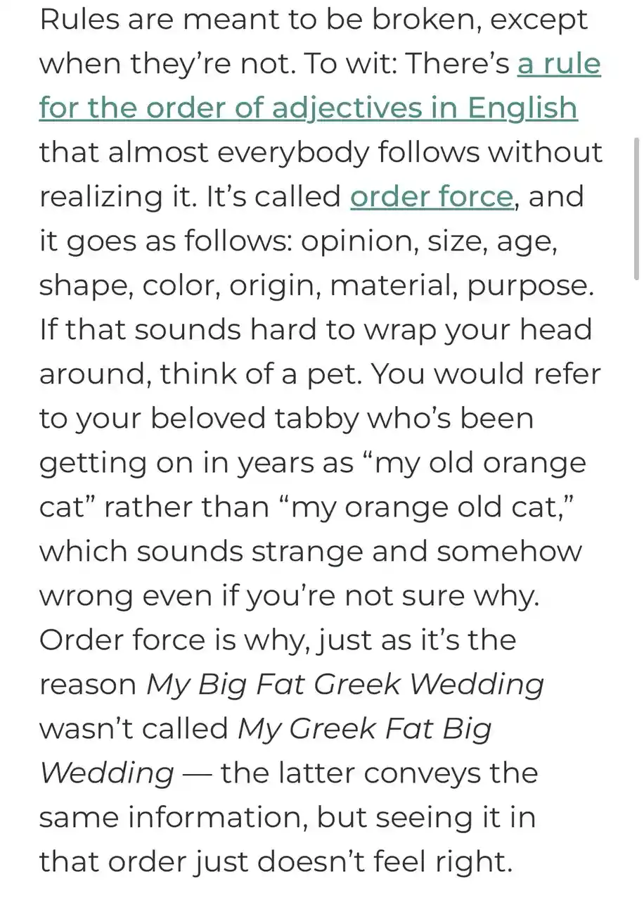 The image displays a block of text explaining the 'order force' rule for adjective order in English, using the example of…