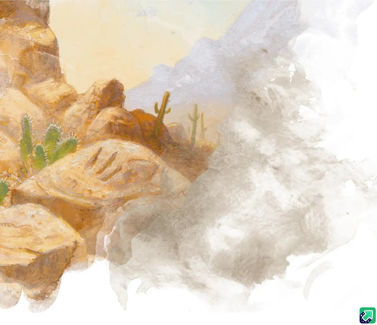 A watercolor-style desert scene with tan rocks, green cacti, and a hazy sky, overlaid with the text 'i'm not lazy, i'm in…