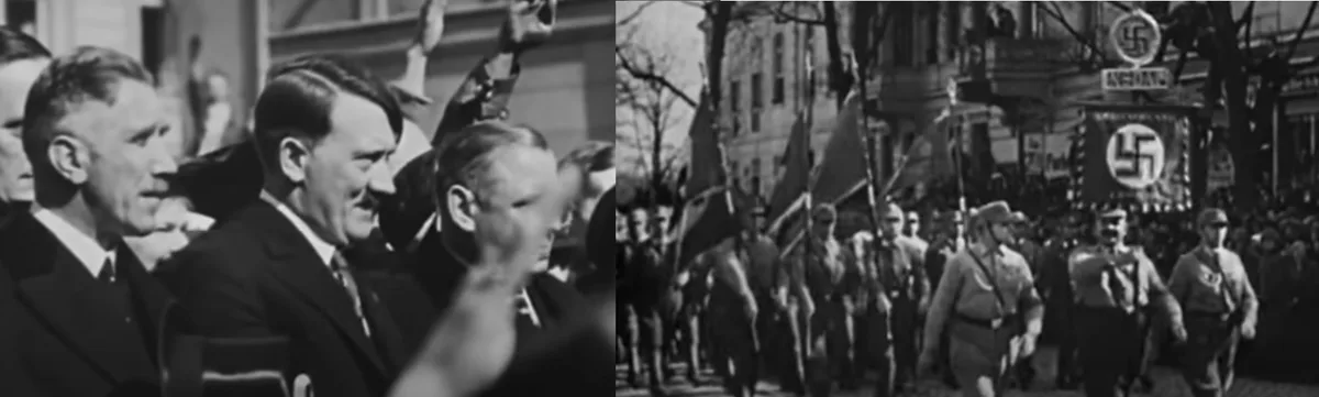 two black-and-white historical photos side-by-side: left shows Adolf Hitler smiling while surrounded by supporters raising…