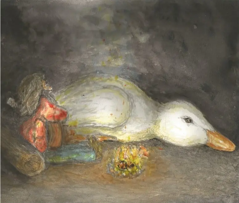 A watercolor painting depicts a white duck lying on its side on a dark, textured surface, appearing to be resting or…