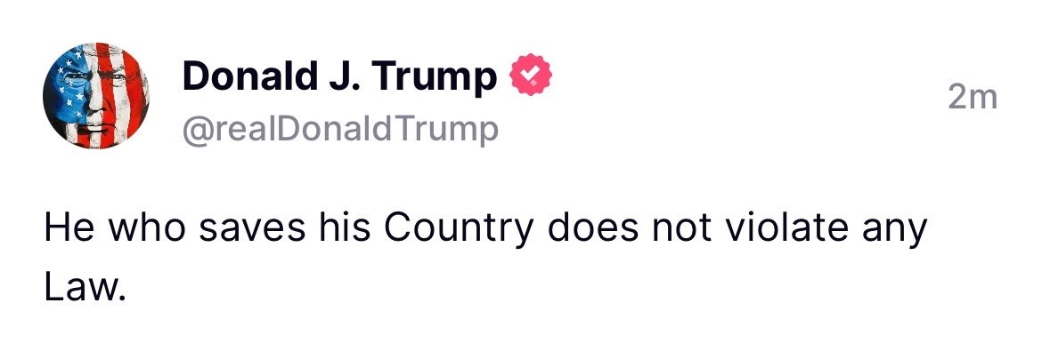 A screenshot of a tweet from Donald J. Trump's verified Twitter account, showing his profile picture with an American flag…