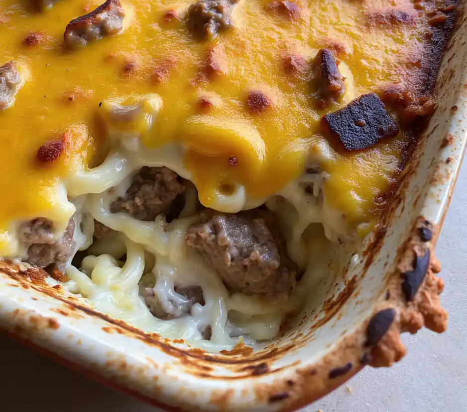 A close-up photo of a baked pasta casserole with melted cheese and ground meat, showing a large scoop taken out of it. The…