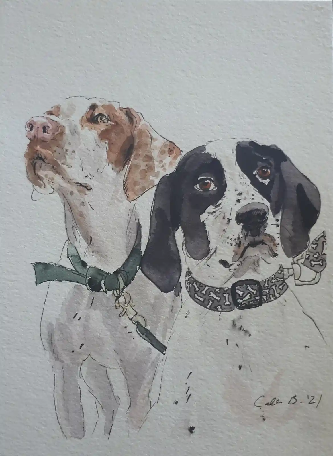 A watercolor painting shows two dogs side-by-side; one has brown and white fur with a green collar, the other has black and…
