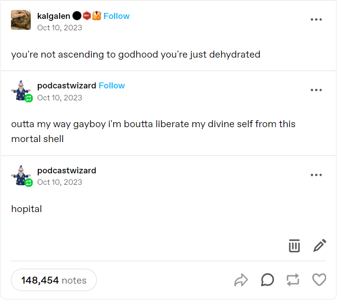 A screenshot of a social media comment thread shows a user named 'kalgalen' posting 'you're not ascending to godhood you're…