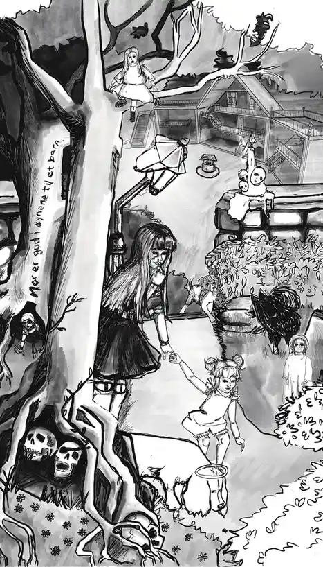 A black-and-white sketch depicts a surreal, eerie scene with multiple ghostly children in a haunted yard. One girl holds a…