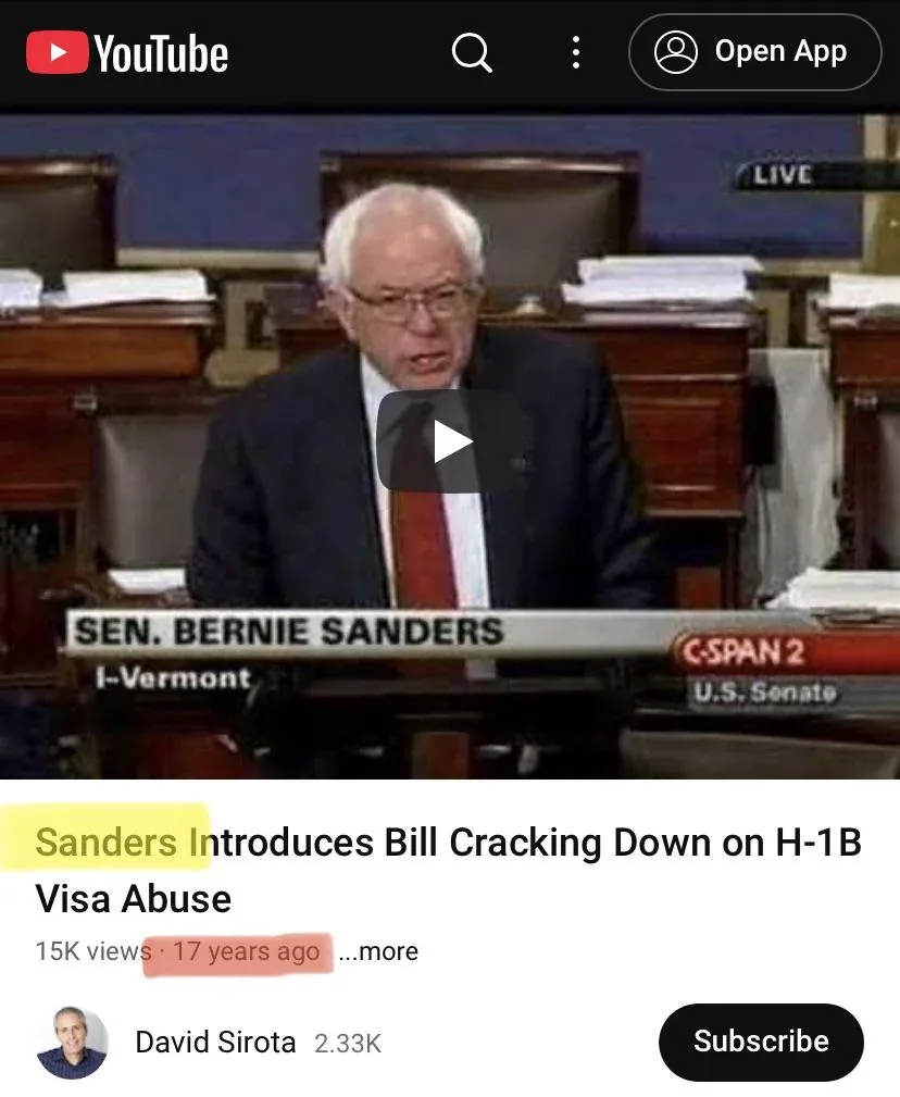 A screenshot of a YouTube video thumbnail showing Senator Bernie Sanders speaking at a Senate hearing, with a C-SPAN 2…