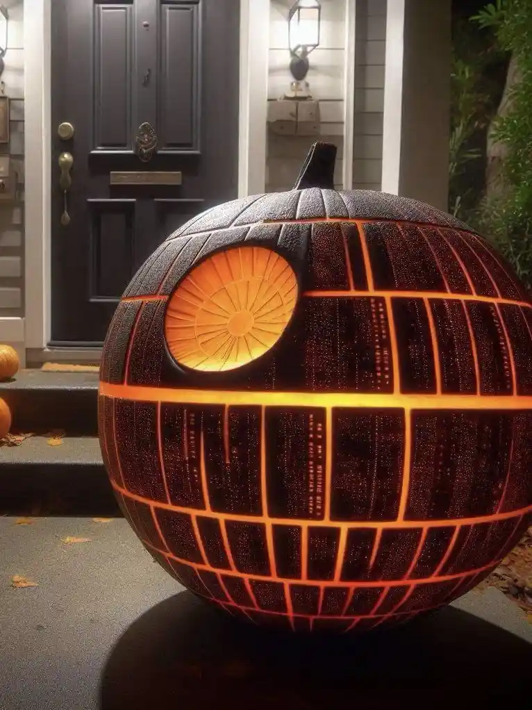 A large, intricately carved pumpkin sits on a porch step, illuminated from within to resemble the Death Star from Star Wars…