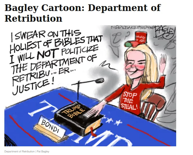 A cartoon depicts a woman with blonde hair and a red 'STOP THE STEAL!' shirt, swearing on a book labeled 'TRUMP BIBLE' at a…