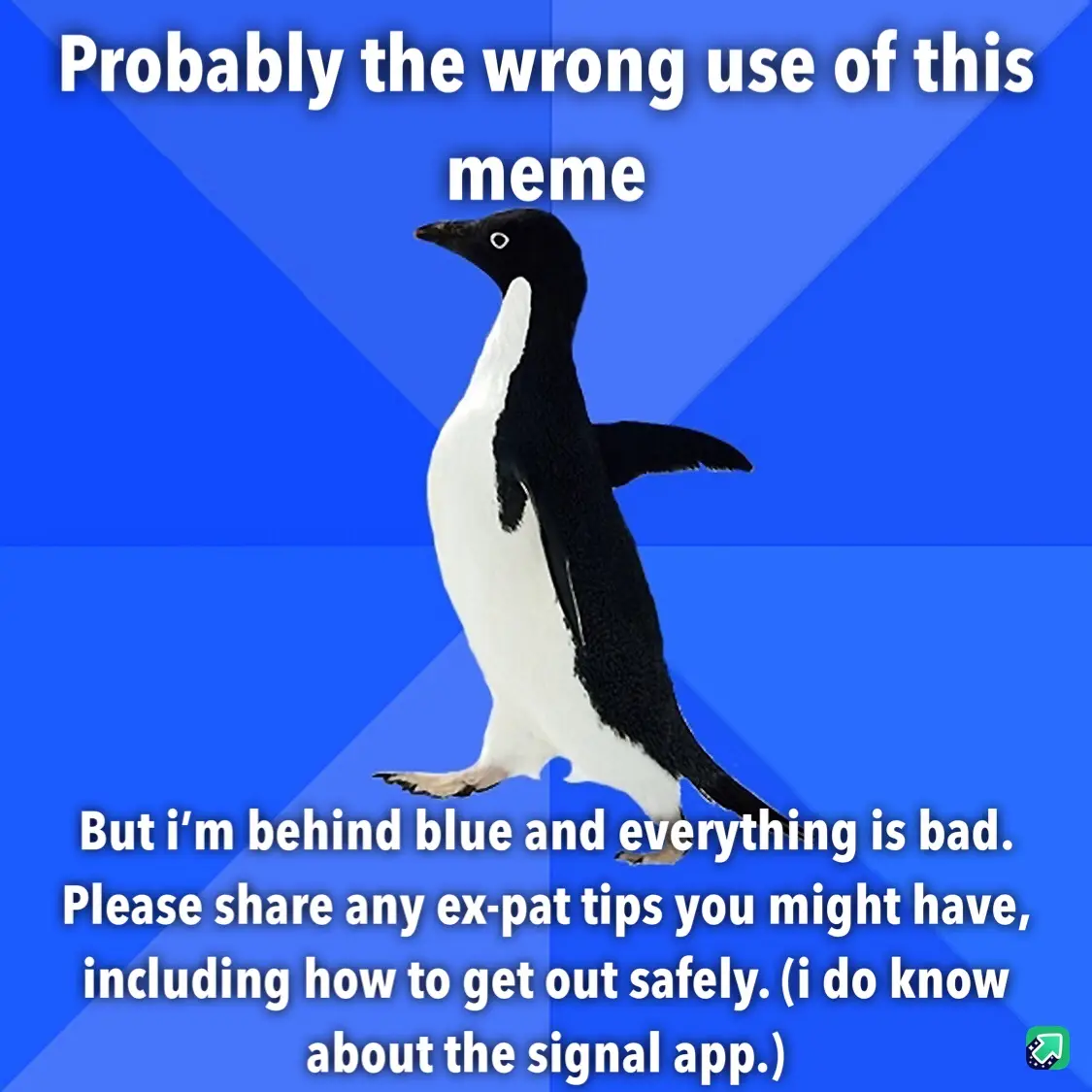 A black-and-white penguin stands against a blue background with diagonal lines. The text says 'Probably the wrong use of…