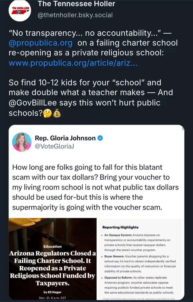 A screenshot of a social media post by 'The Tennessee Holler' criticizing a failing charter school in Arizona that reopened…