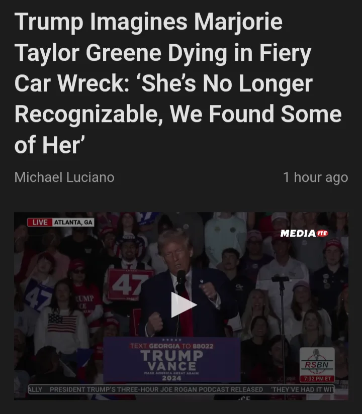 A screenshot of a news article headline overlaid on a video thumbnail showing Donald Trump speaking at a rally in Atlanta…