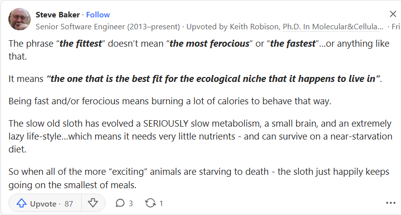 A screenshot of a Reddit comment by user Steve Baker explaining that 'the fittest' in evolutionary biology means 'the best…