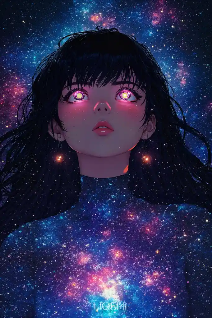 An anime-style illustration of a young woman with long black hair and glowing pink eyes, set against a vibrant cosmic…
