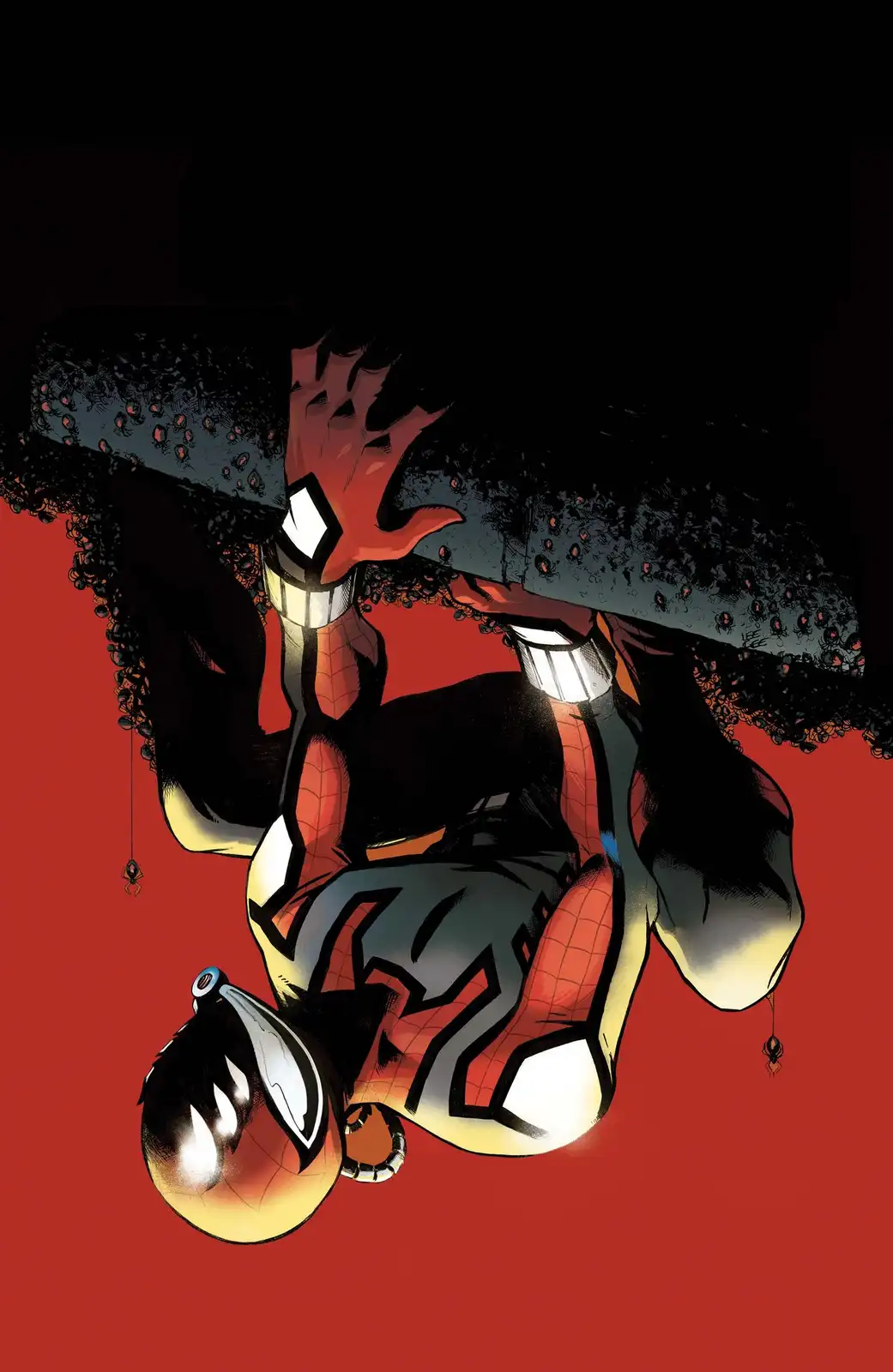 A comic book illustration shows a superhero in a red and blue suit, upside down, holding a large, dark, spider-infested…