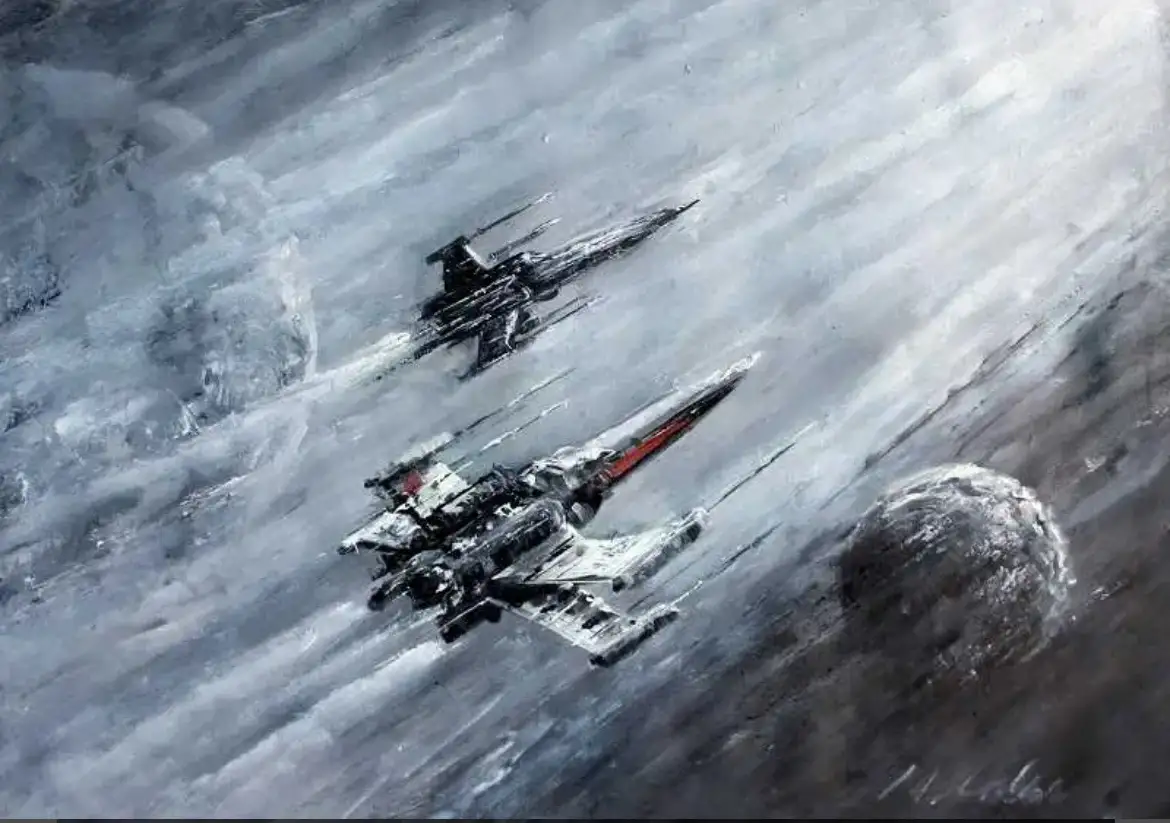 A dramatic, painterly space scene shows two starfighters, one with red markings, flying through a cloudy or nebulous…
