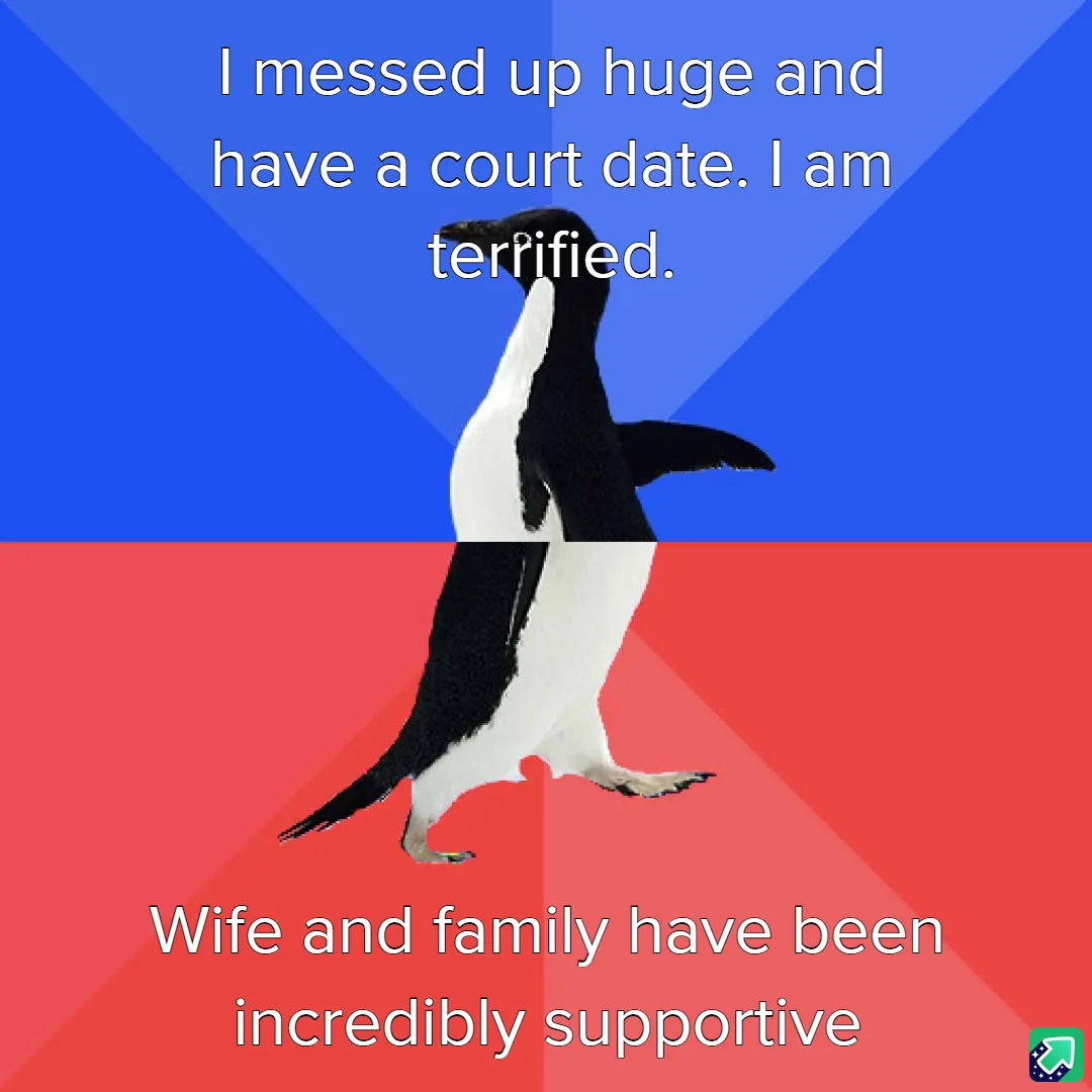 A penguin stands in the center of the image, split by a horizontal line, with a blue background above and a red background…