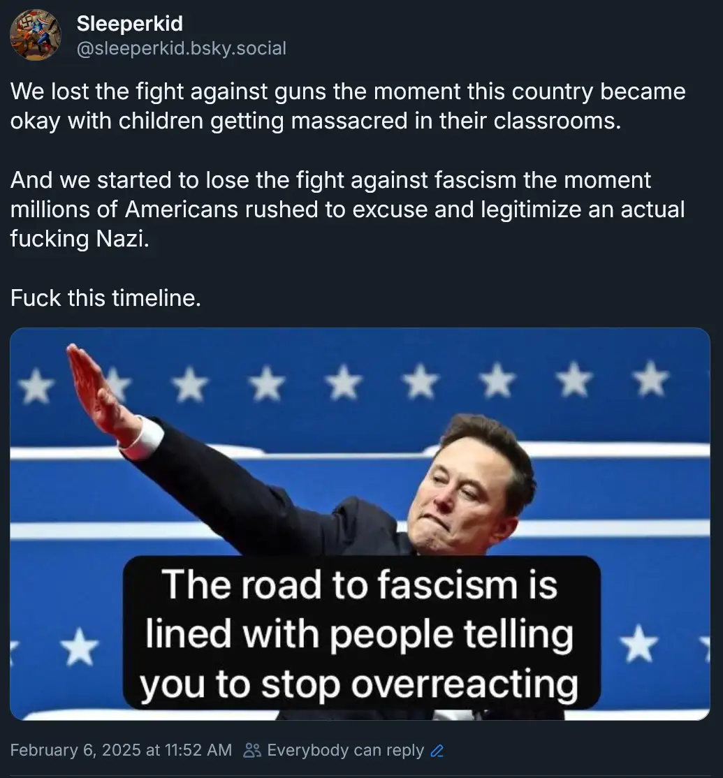 A screenshot of a social media post by 'Sleeperkid' featuring a photo of Elon Musk raising his hand in a gesture resembling…