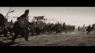 A six-panel black-and-white image sequence from a historical battle scene, showing soldiers charging, a close-up of a…
