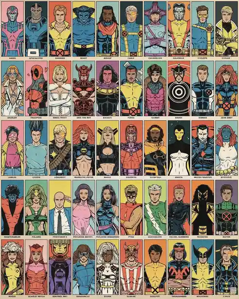 A grid of 40 illustrated X-Men characters, each in their own colored panel with their name labeled below. The art style is…