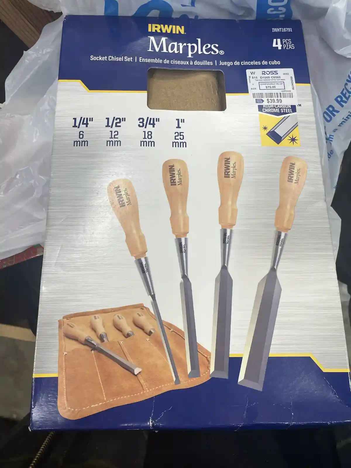 A retail box for an Irwin Marples 4-piece socket chisel set, showing four chisels with wooden handles and metal blades…