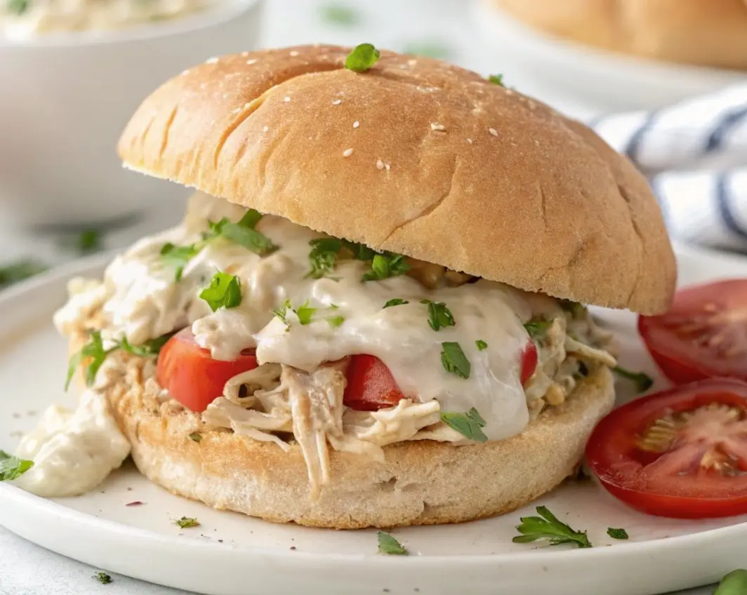 a close-up photo of a chicken sandwich on a sesame seed bun, filled with shredded chicken, melted white cheese, and tomato…