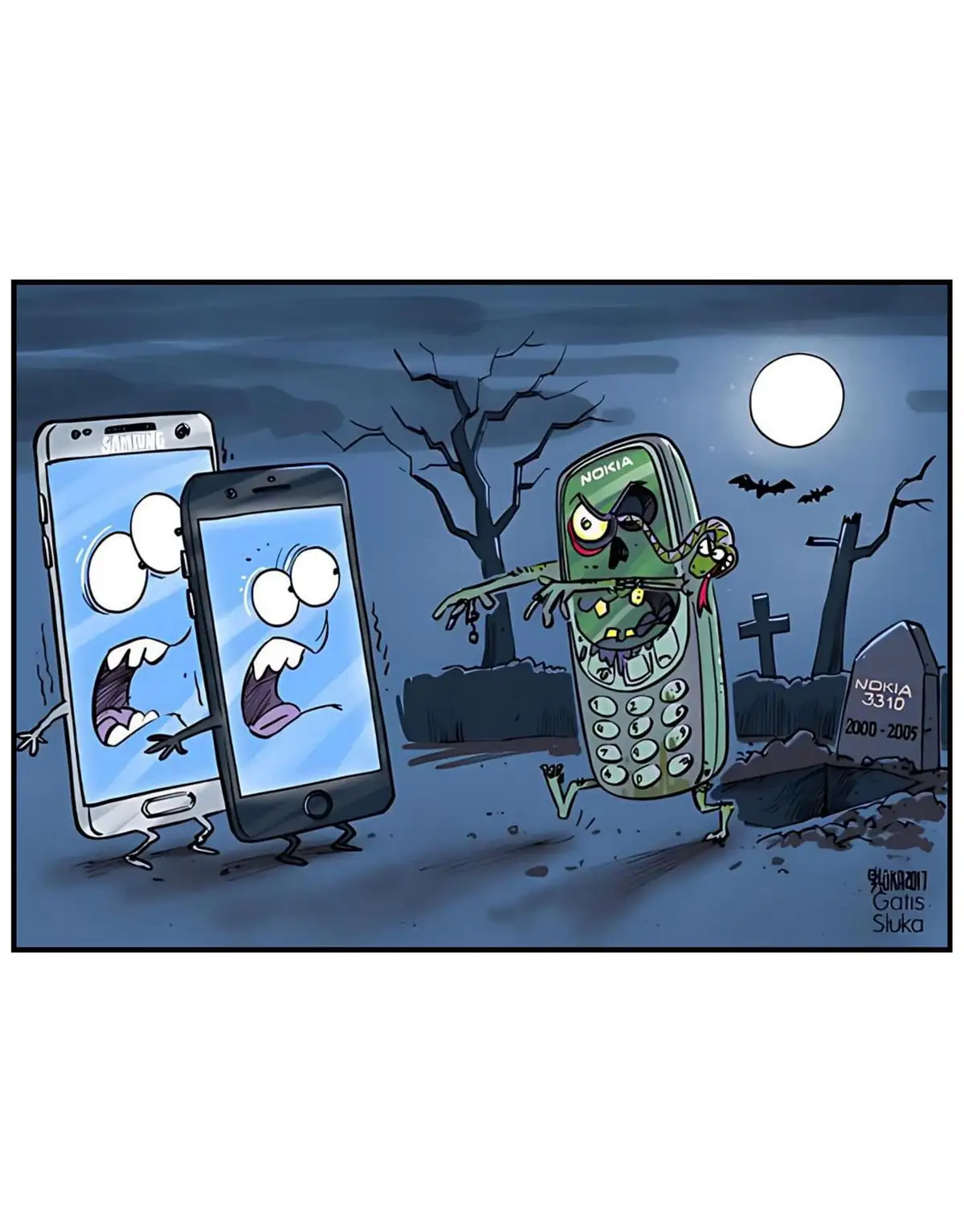 In a spooky graveyard under a full moon, a zombie Nokia 3310 phone with a snake on its shoulder stalks two terrified modern…