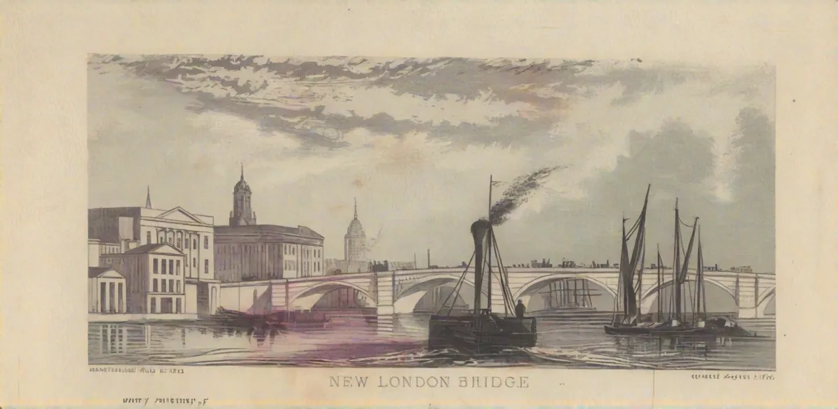 A historical watercolor painting depicts a wide river with several boats, including a steamboat emitting smoke, under a…