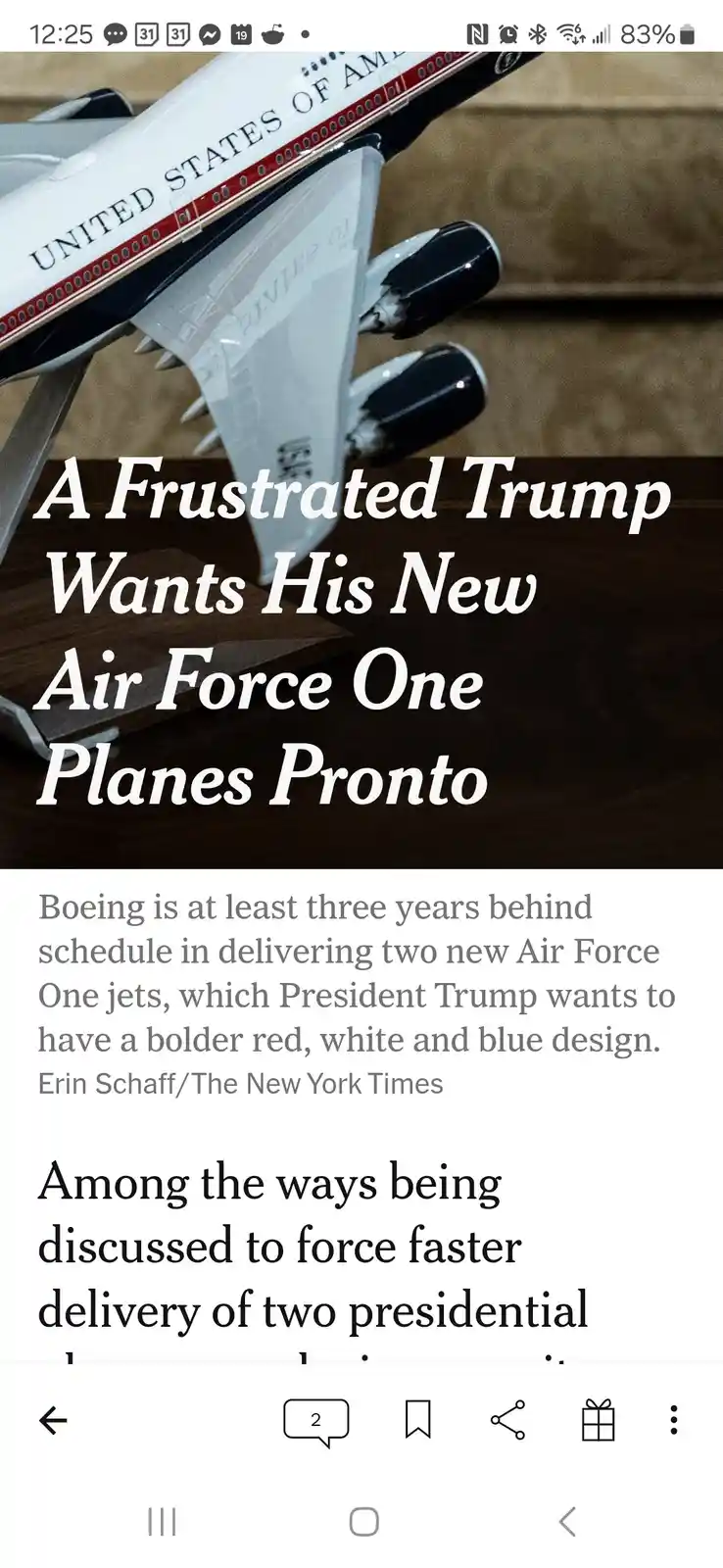 The image shows a model of a United States Air Force One plane with its tail fin visibly torn off, overlaid with the text 'A…