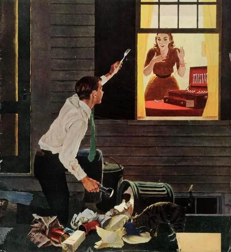 A vintage illustration shows a man in a white shirt and green tie standing outside a house, holding a flashlight in one hand…