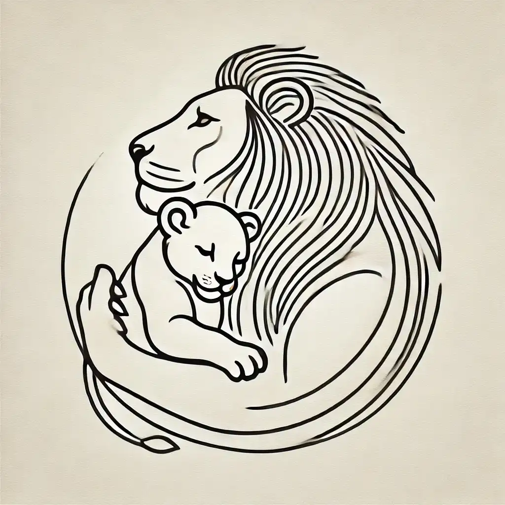 A minimalist black-and-white line drawing shows an adult male lion with a full mane gently cradling a small lion cub in his…