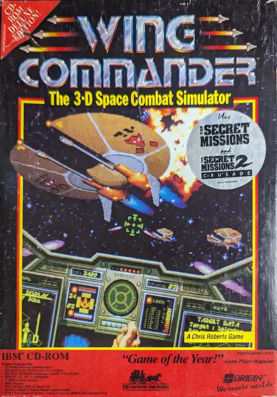 The image shows the cover art for the classic 1990s PC game 'Wing Commander: The 3-D Space Combat Simulator'. It features a…