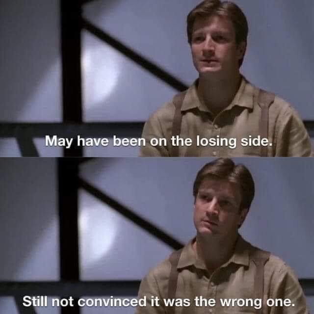 Two-panel meme featuring actor Nathan Fillion as a character in a beige shirt and suspenders, looking thoughtful. The top…
