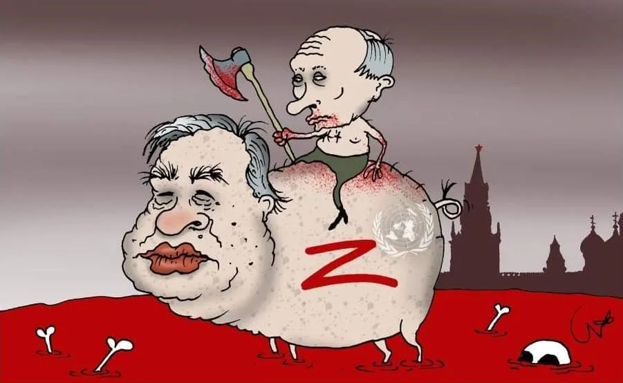 A cartoon depicts a caricature of Vladimir Putin riding atop a giant, bloodied sheep with a red 'Z' symbol and a UN emblem…