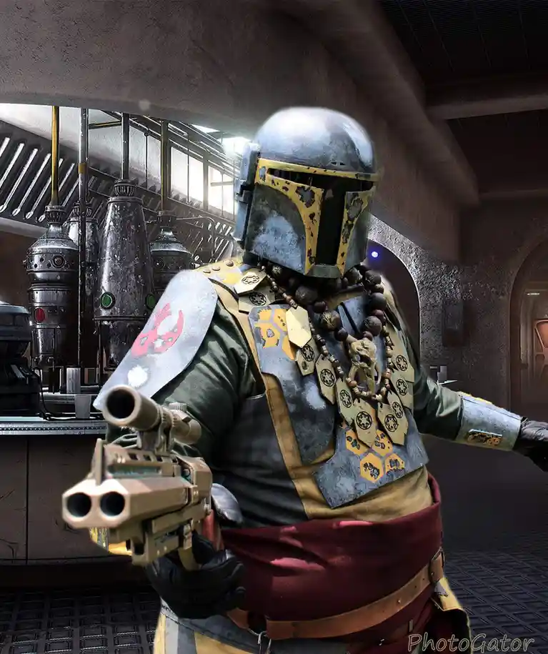 A character resembling Boba Fett from Star Wars, wearing his iconic helmet and armor, stands in a sci-fi setting holding a…