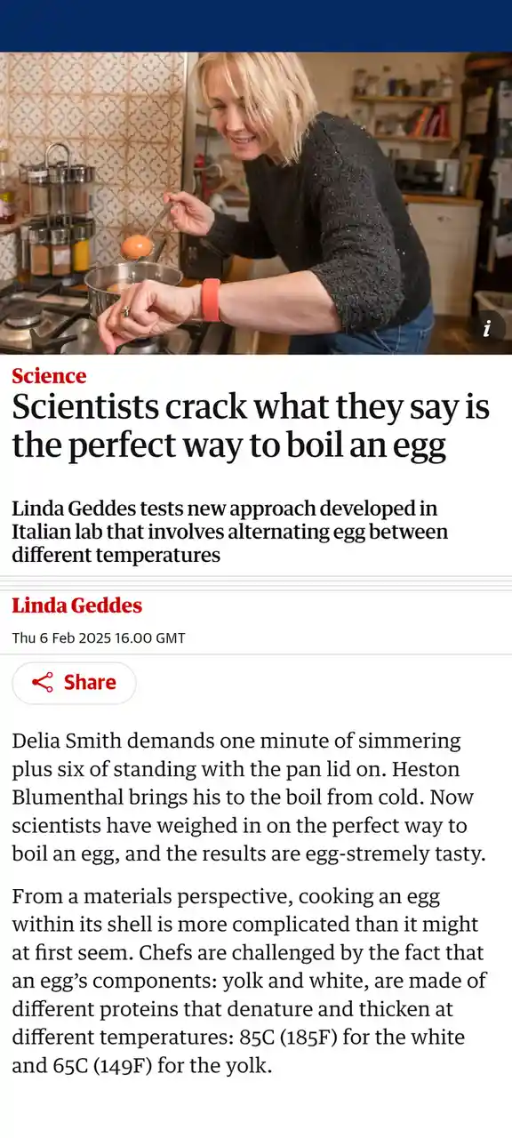A woman in a kitchen holds an egg over a pot on a stove, with overlaid text reading 'Scientists crack what they say is the…