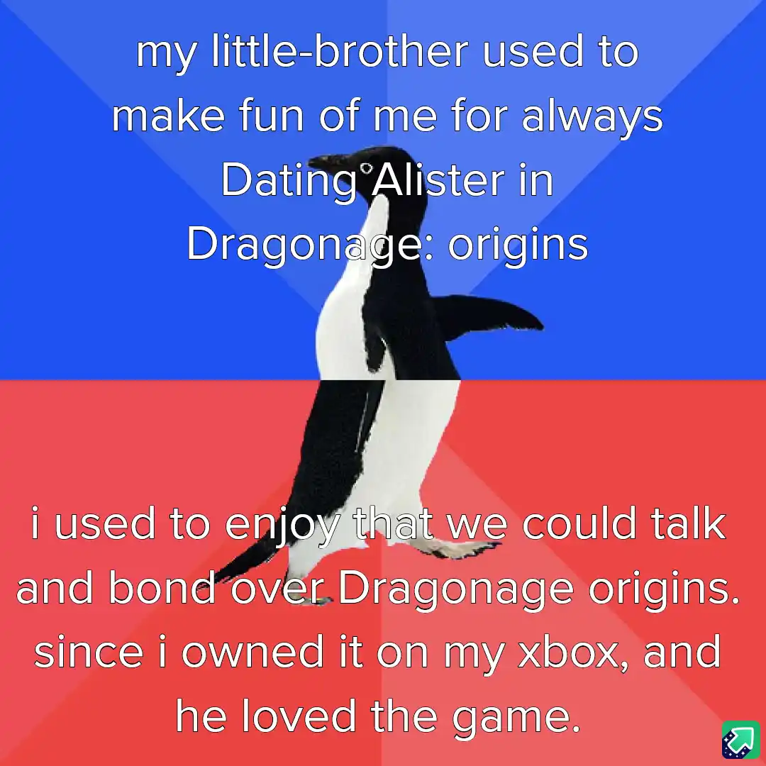 A penguin stands centered against a blue and red background, split horizontally. White text overlays both halves: the top…