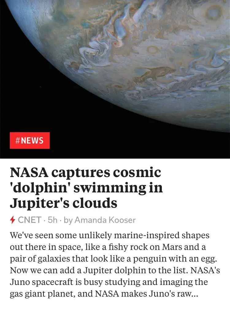 A screenshot of a CNET news article with a red #NEWS tag, featuring a photo of Jupiter's swirling clouds. The headline reads…