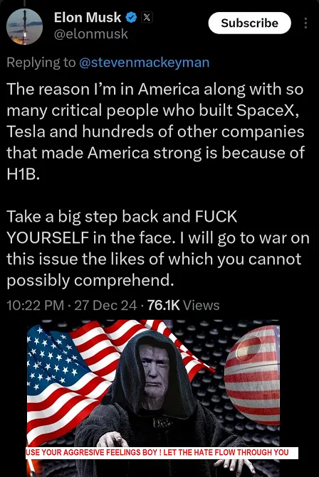 A screenshot of Elon Musk's tweet about H1B visas is overlaid with a meme image featuring a hooded figure resembling Donald…