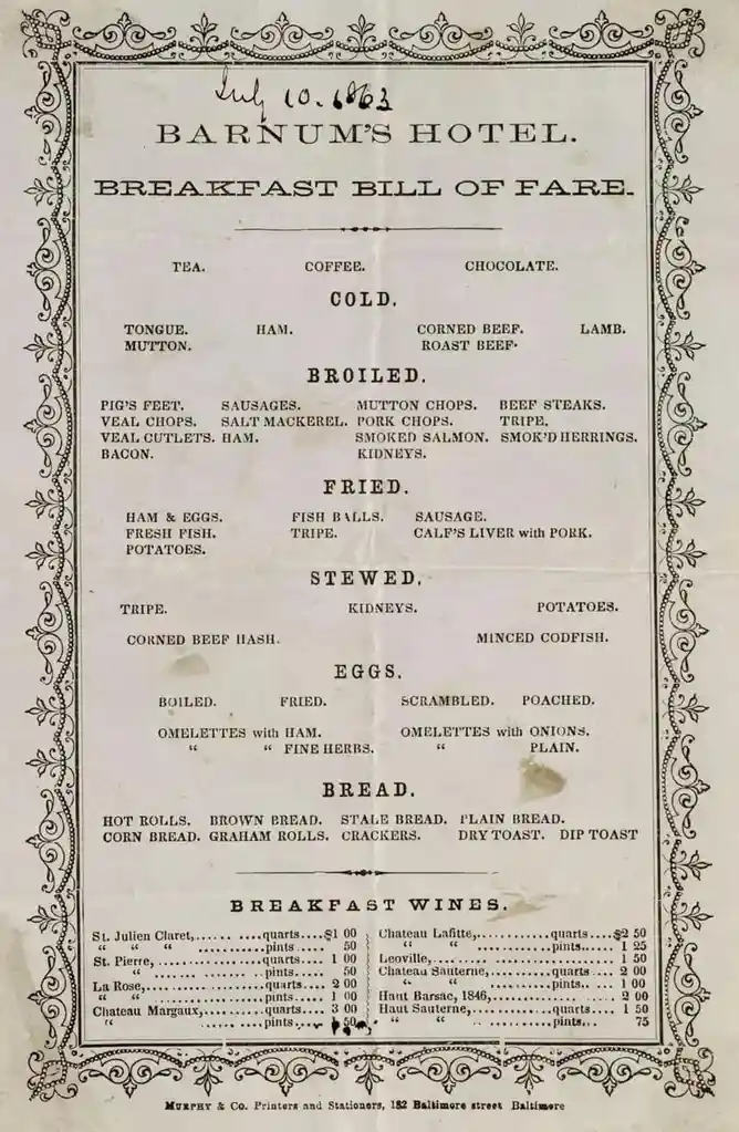 This is a vintage 1863 breakfast menu from Barnum's Hotel in Baltimore, featuring an extensive and unusual list of foods…
